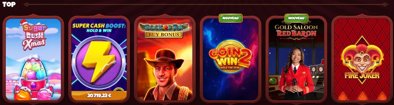 Catalogue de Magius Casino présentant des machines à sous populaires, des jeux à jackpot et des jeux de casino en direct