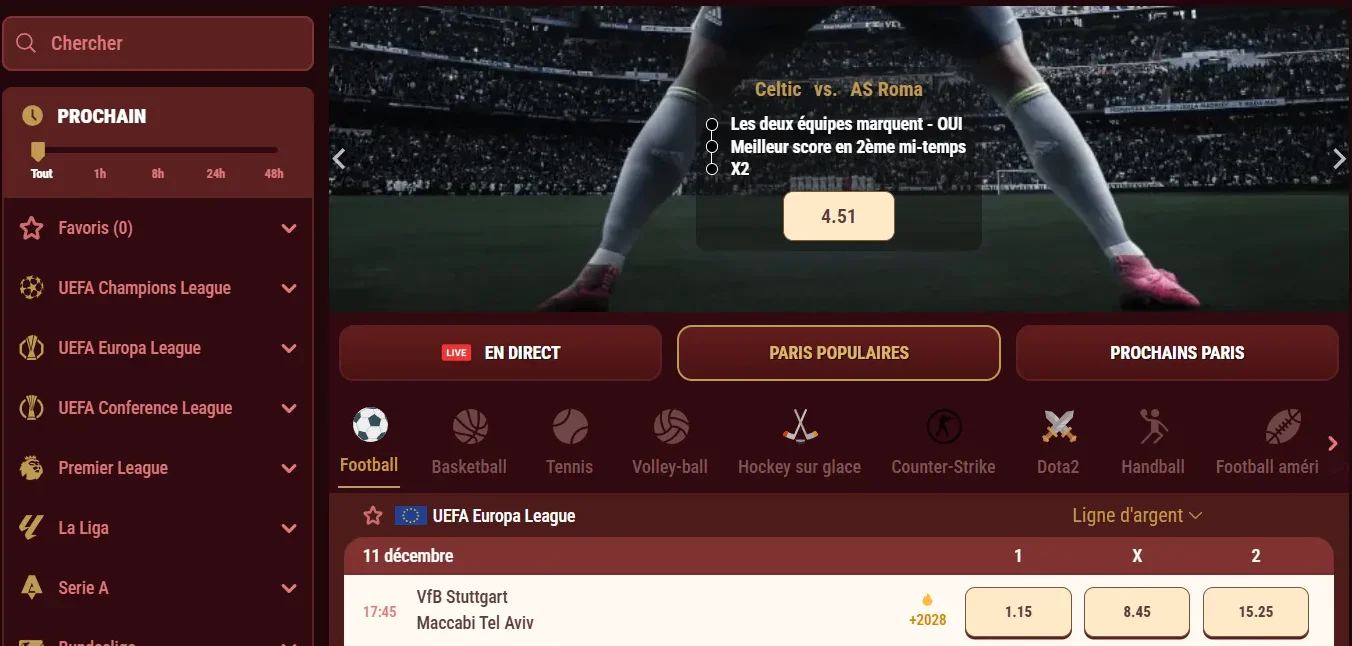 Interface des paris sportifs de Magius Casino avec compétitions de football, événements à venir et cotes de paris